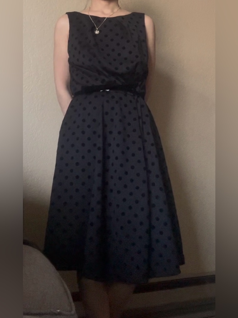 Elle Classic Black Polka Dot Sleeveless Fit-and-Flare Dress-XS